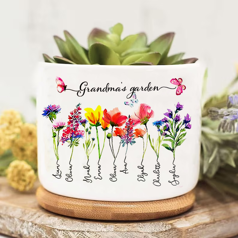 Personalized Grandma's Garden Outdoor Flower Pot With Grandkids Name and Birth Flower For Mother's Day