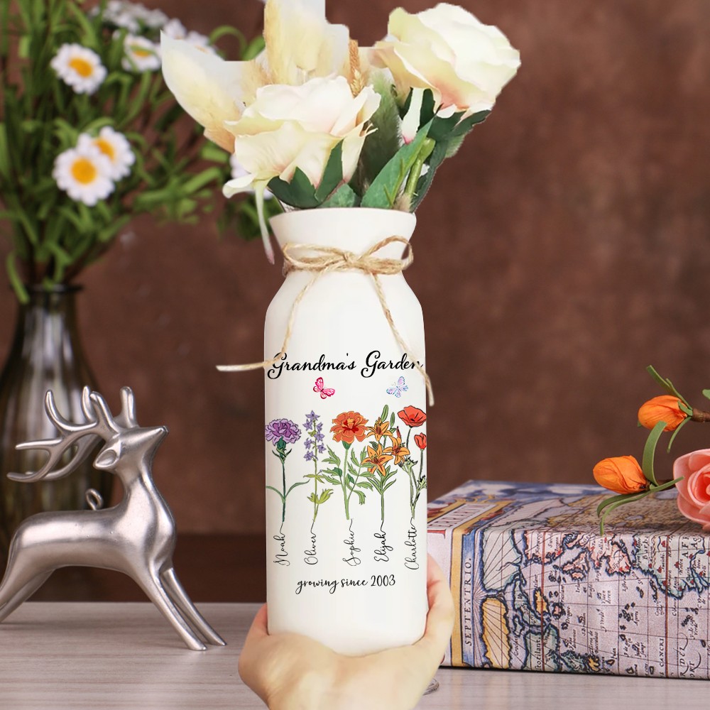Personalized Grandma's Garden Outdoor Flower Vase With Grandkids Name and Birth Flower For Mother's Day