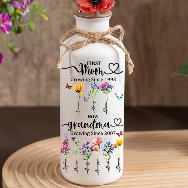 Custom Family Garden Birth Flower Vase With Grandchildren Name For Mother's Day Gift
