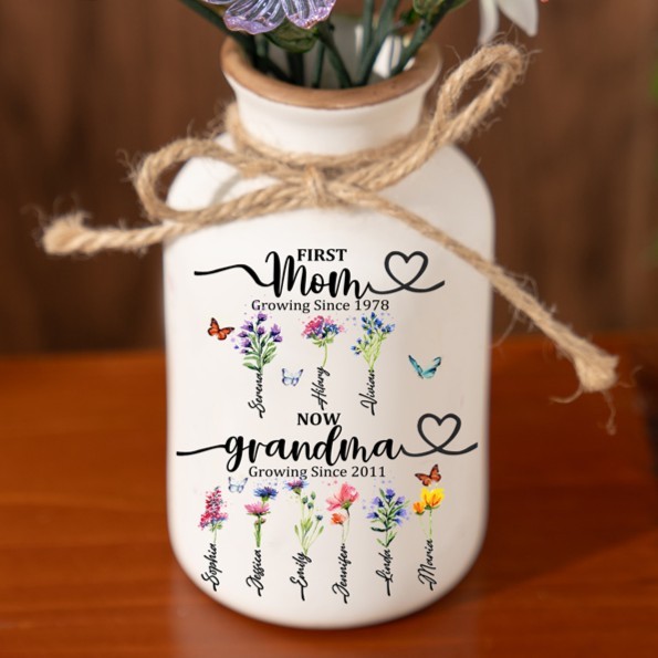 Custom Family Garden Birth Flower Vase With Grandchildren Name For Mother's Day Gift