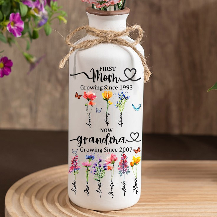 Custom Family Garden Birth Flower Vase With Grandchildren Name For Mother's Day Gift
