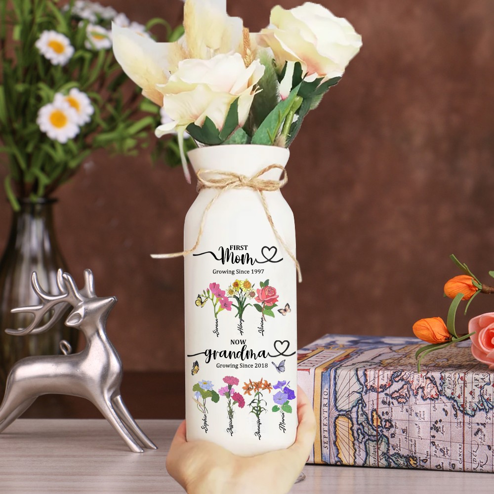 Custom Mom and Grandma Two Generation Garden Vase Birth Flower Plant Vase With Names Mother's Day Gifts Heartful Gift for Mom Grandma