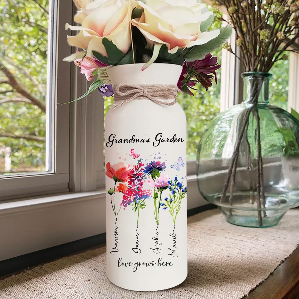 Custom Grandma's Garden Vase With Grandkids Names Birth Month Flower Vase