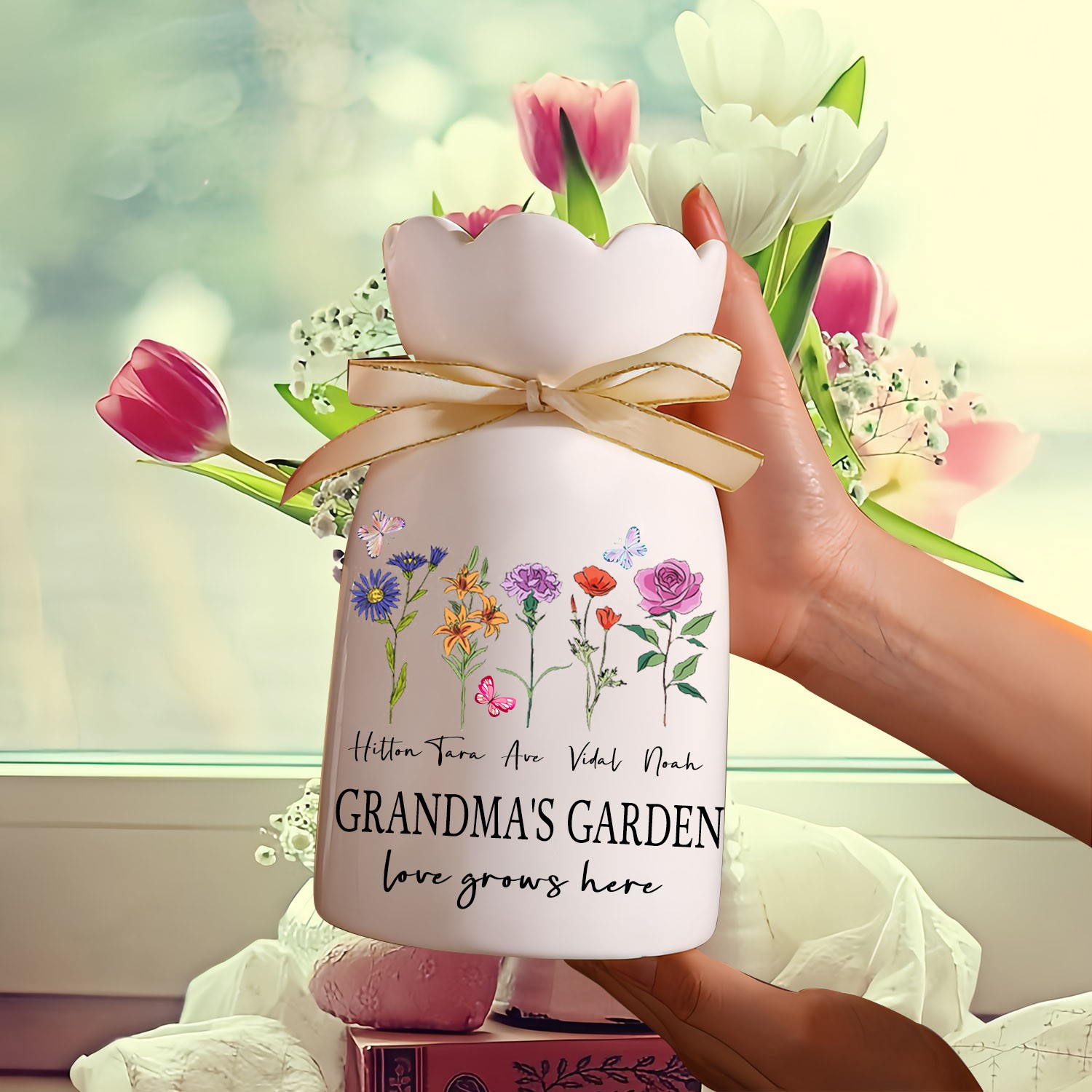 NEW ARRIVAL❗❗Personalized Grandma's Garden Birth Flower Vase with Grandkids Names Keepsake Gifts for Grandma Mom Mother's Day Gift