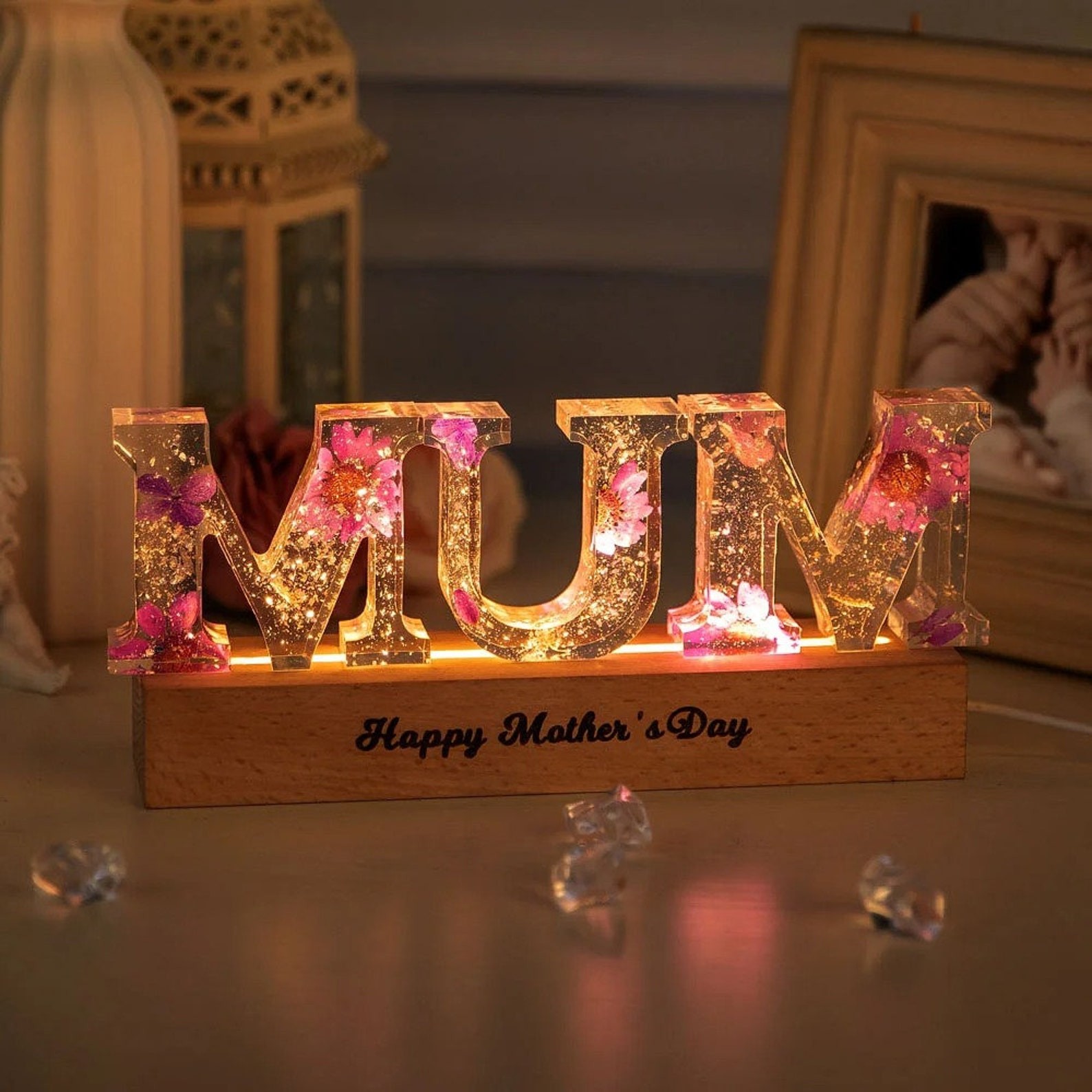 Personalized Dried Flower Resin Lamp Mother's Day Gift 