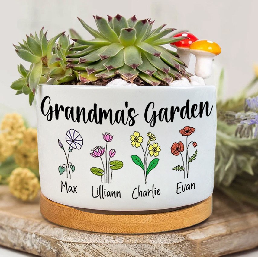 Custom Birth Month Flower Plant Pot Grandma's Garden Plant Pot