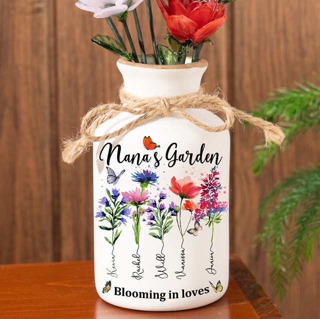 Custom Family Garden Birth Flower Vase With Grandchildren Name For Mother's Day Gift