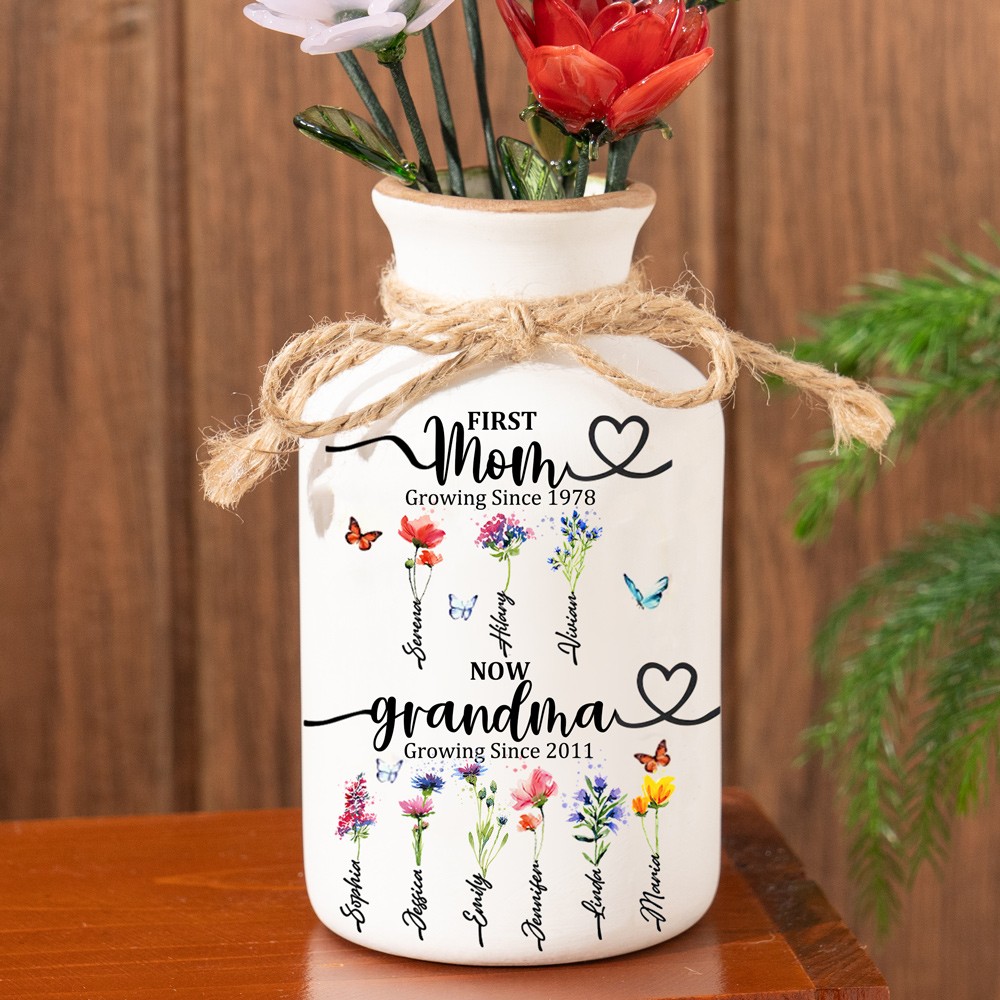 Custom Family Garden Birth Flower Vase With Grandchildren Name For Mother's Day Gift