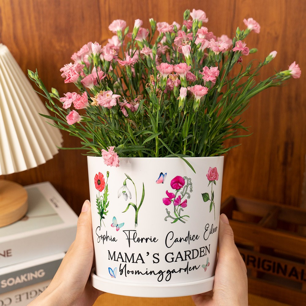 Personalized Mama's Garden Birth Flower Pots With Kids Name and Birth Flower Ideal Gifts for Mother's Day