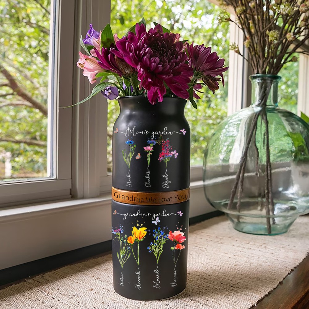 Custom Mom and Grandma Two Generation Garden Vase Birth Flower Plant Vase With Names Mother's Day Gifts Heartful Gift for Mom Grandma