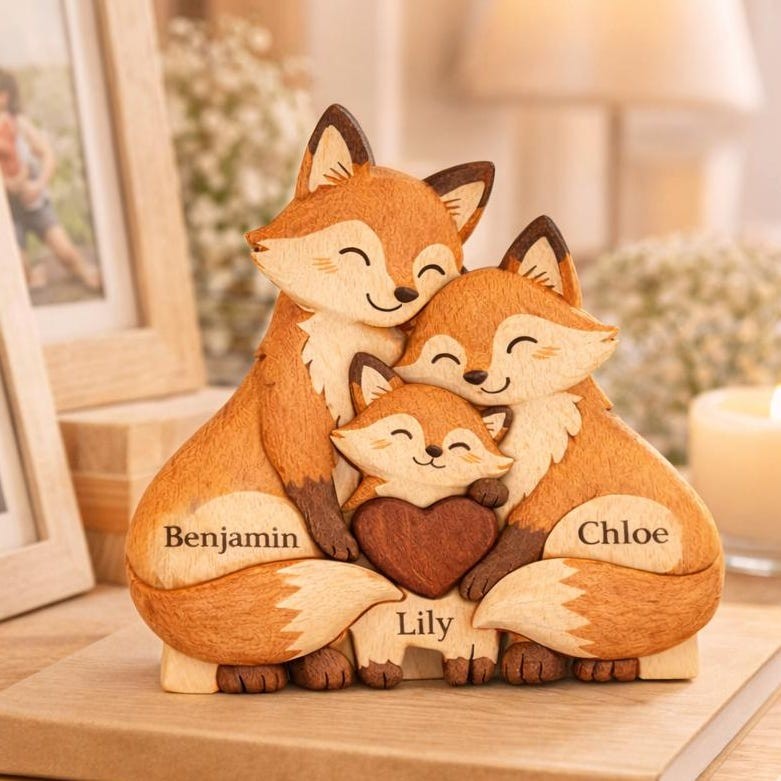 Personalized Fox Family Puzzle, Custom Wooden Family Name Puzzle, Mother's Day Gift for Mom from Kids, Animal Family Keepsake