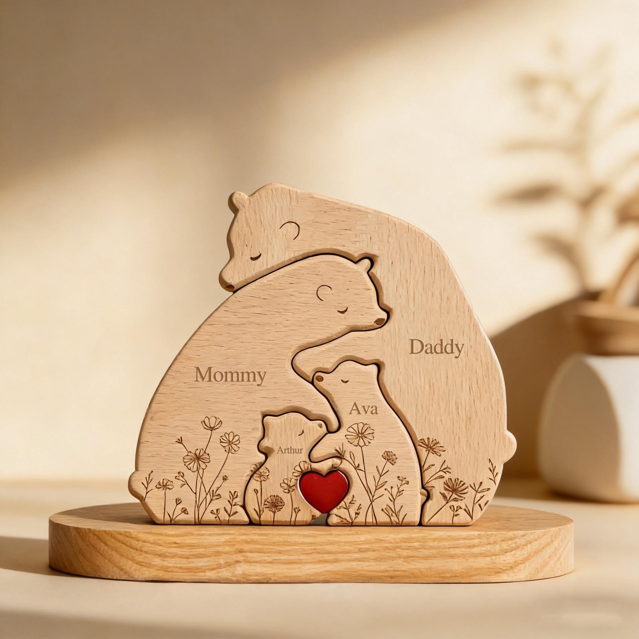 Hugging Bear Family Floral Version,Personalized Wooden Bear Family Puzzle,Family Home Decor,Gift For Mom,Gift for Mommy,Mom Birthday Gift.