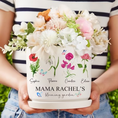 Personalized Mama's Garden Birth Flower Pots With Kids Name and Birth Flower Ideal Gifts for Mother's Day