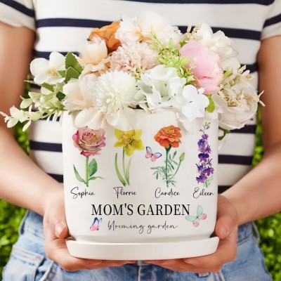 Personalized Mom's Garden Birth Flower Pots With Kids Name and Birth Flower Ideal Gifts for Mother's Day