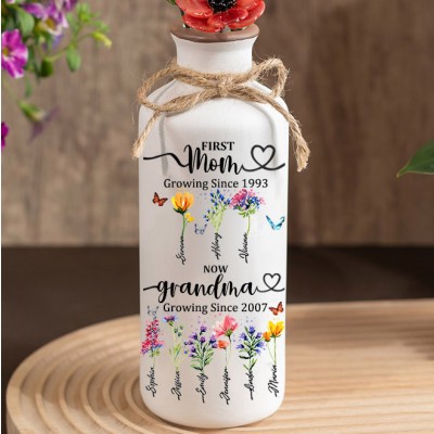 Custom Family Garden Birth Flower Vase With Grandchildren Name For Mother's Day Gift