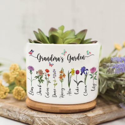 Personalized Grandma's Garden Outdoor Flower Pot With Grandkids Name and Birth Flower For Mother's Day
