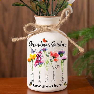 Custom Family Garden Birth Flower Vase With Grandchildren Name For Mother's Day Gift