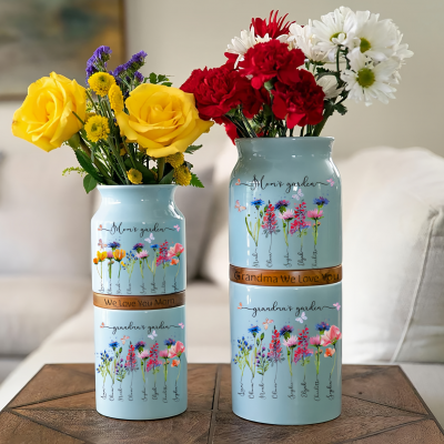 HOT SALE❗❗Custom Mom and Grandma Two Generation Garden Vase Birth Flower Plant Vase With Names Mother's Day Gifts Heartful Gift for Mom Grandma