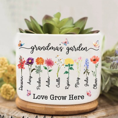Personalized Grandma's Garden Outdoor Flower Pot With Grandkids Name and Birth Flower For Mother's Day
